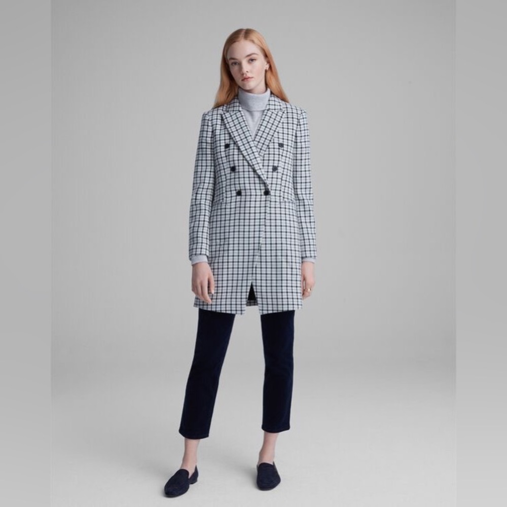 Club Monaco Heleni plaid check coat- blue and ivory